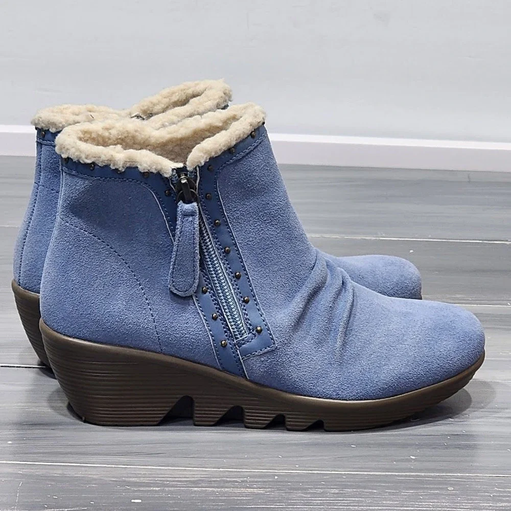 Skechers‎ Booties Jumper Sweet Stud Blue Suede Sherpa Lined Wedge Boots Size 6 - Picture 5 of 12